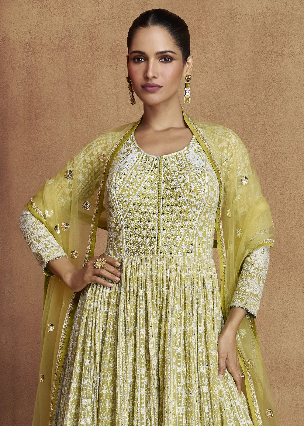 Pear Green Intricately Embroidered Georgette Anarkali Suit