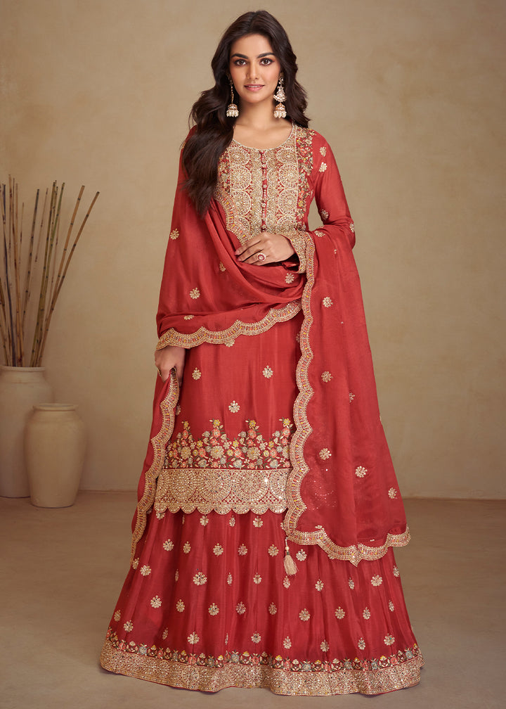 Geranium Red Palazzo Suit in Chinon Silk with Gorgeous Mirror and Embroidered Patterns