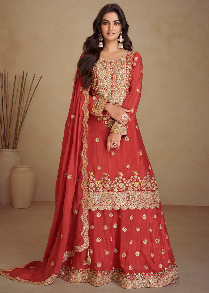 Geranium Red Palazzo Suit in Chinon Silk with Gorgeous Mirror and Embroidered Patterns