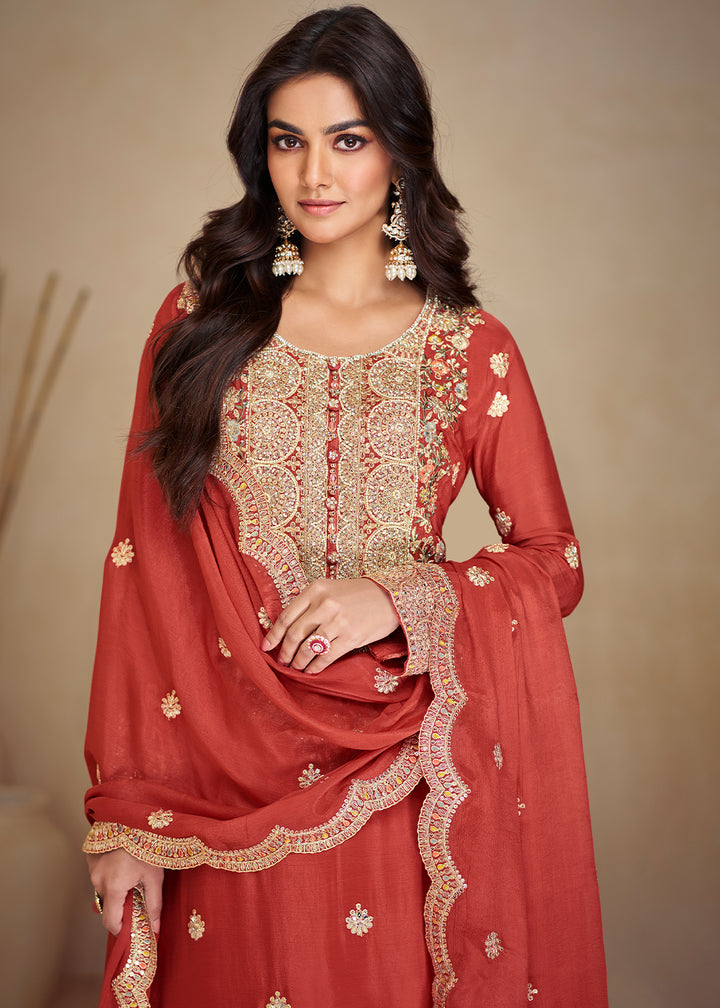 Geranium Red Palazzo Suit in Chinon Silk with Gorgeous Mirror and Embroidered Patterns