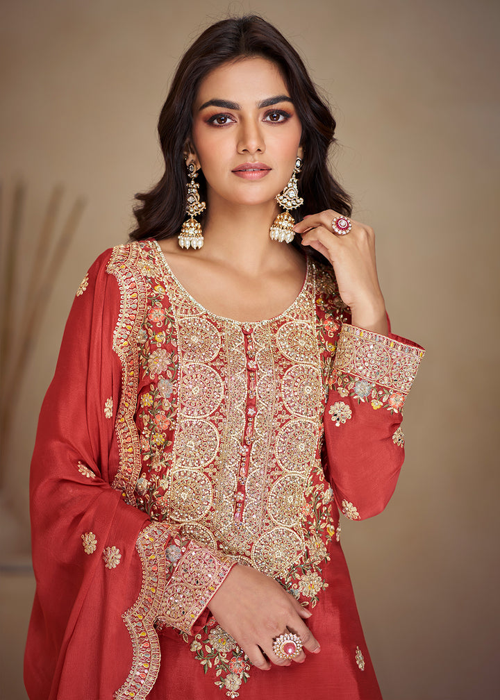 Geranium Red Palazzo Suit in Chinon Silk with Gorgeous Mirror and Embroidered Patterns