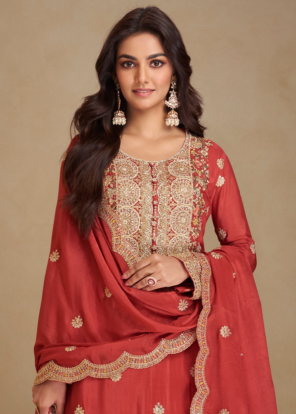 Geranium Red Palazzo Suit in Chinon Silk with Gorgeous Mirror and Embroidered Patterns