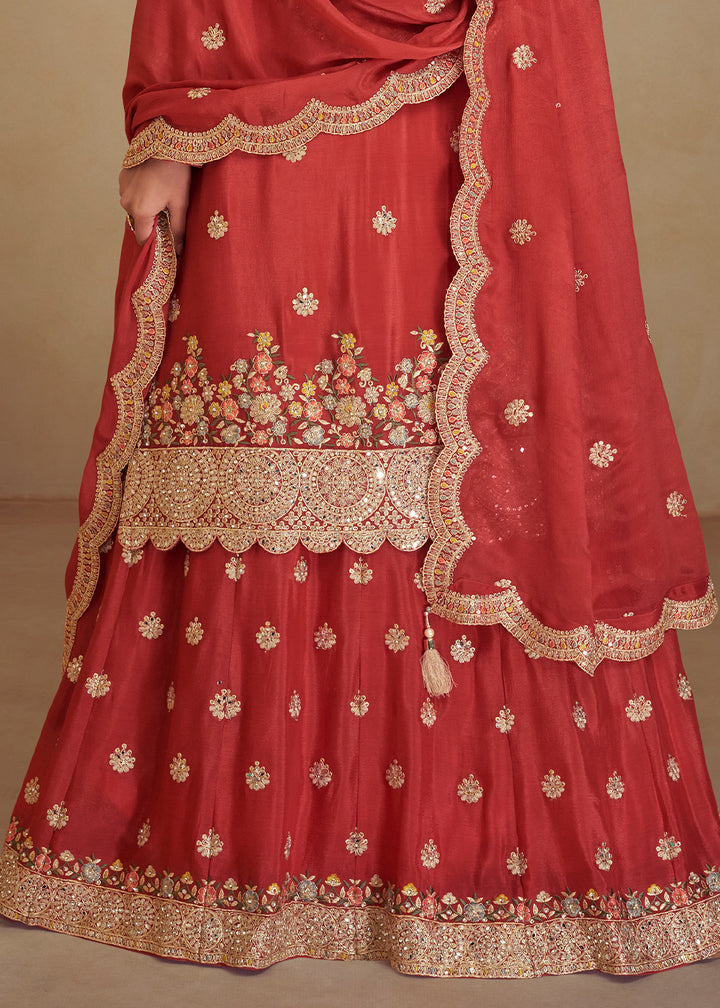 Geranium Red Palazzo Suit in Chinon Silk with Gorgeous Mirror and Embroidered Patterns