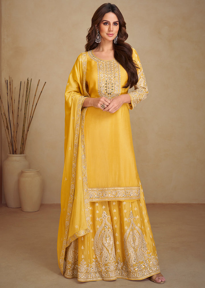 Canary Yellow Palazzo Suit in Chinon Silk with Gorgeous Mirror and Embroidered Patterns