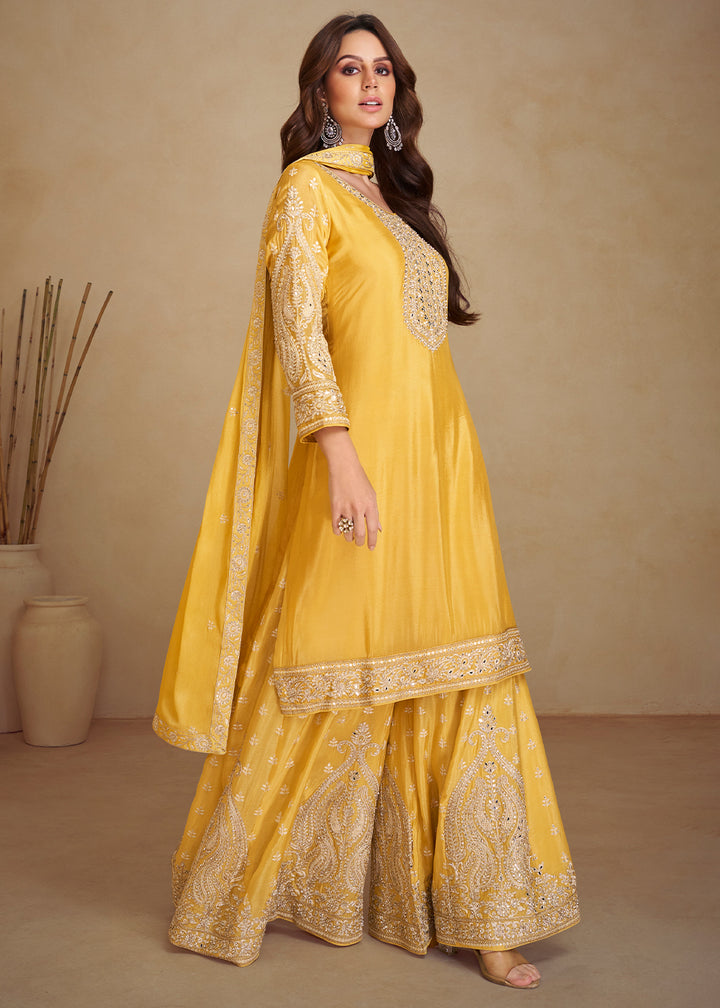 Canary Yellow Palazzo Suit in Chinon Silk with Gorgeous Mirror and Embroidered Patterns