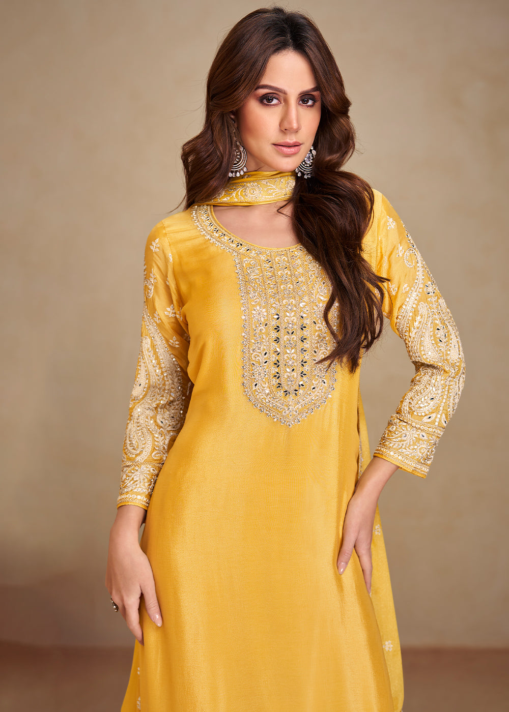 Canary Yellow Palazzo Suit in Chinon Silk with Gorgeous Mirror and Embroidered Patterns