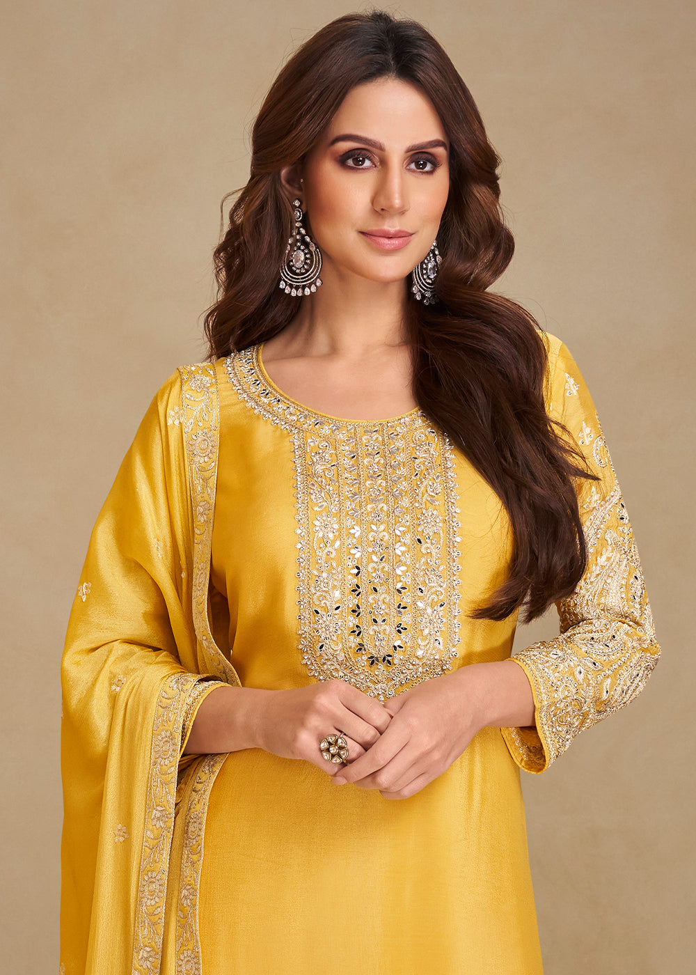 Canary Yellow Palazzo Suit in Chinon Silk with Gorgeous Mirror and Embroidered Patterns