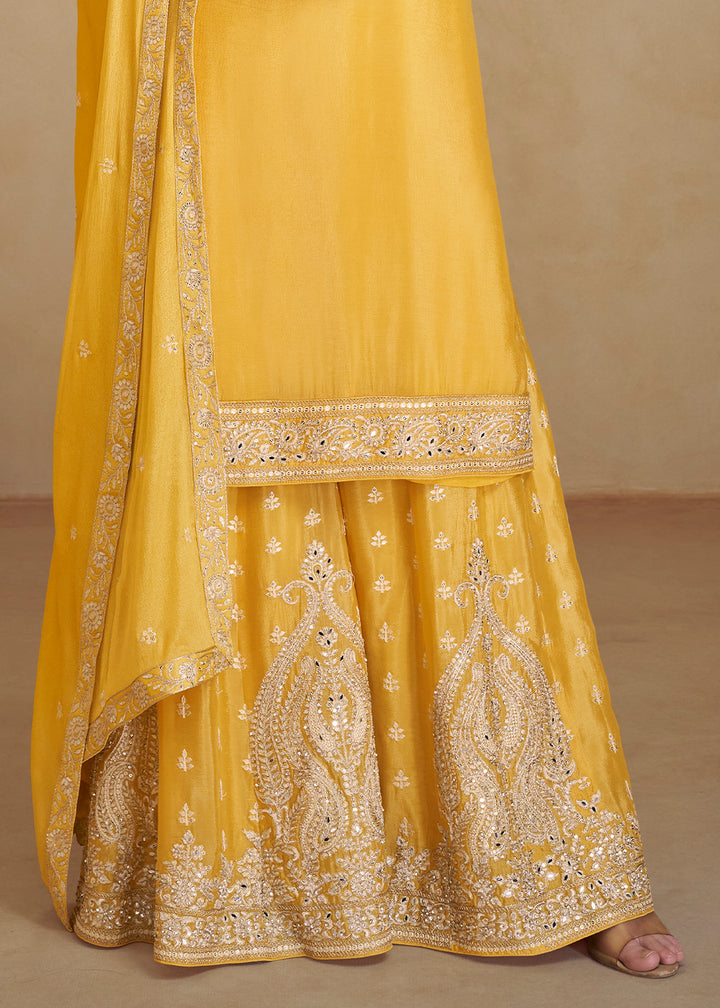 Canary Yellow Palazzo Suit in Chinon Silk with Gorgeous Mirror and Embroidered Patterns