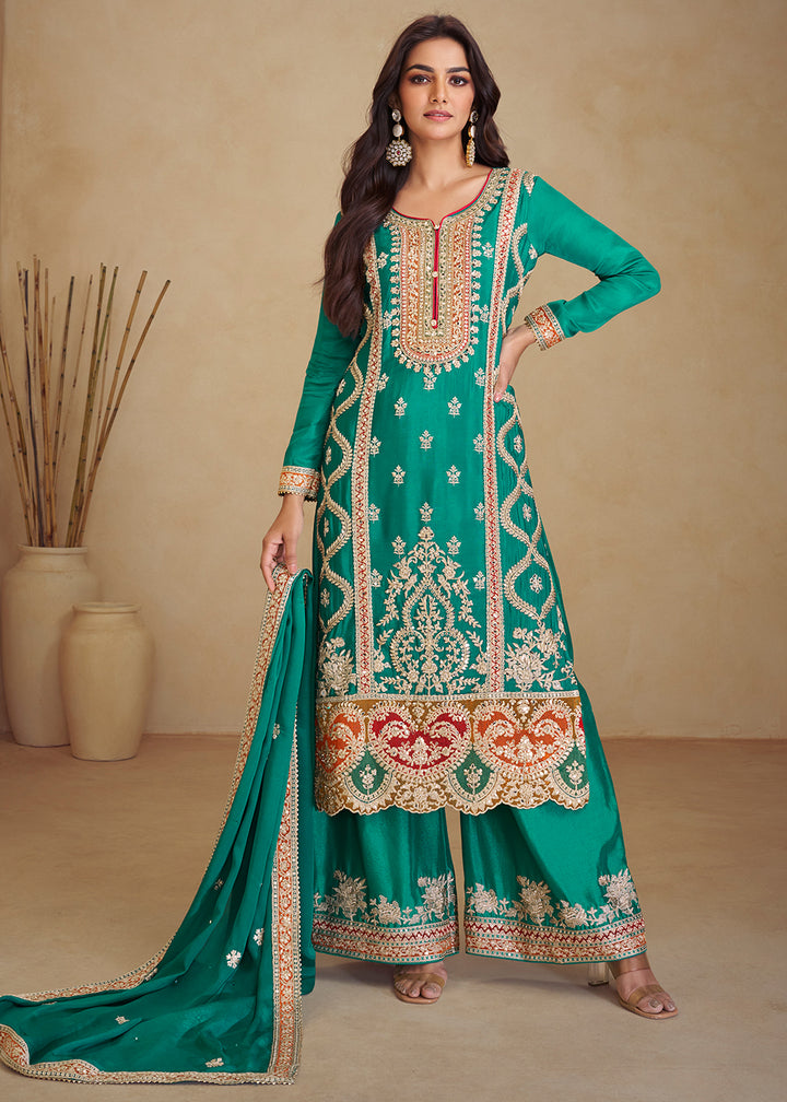 Dark Turquoise Green Palazzo Suit in Chinon Silk with Gorgeous Mirror and Embroidered Patterns