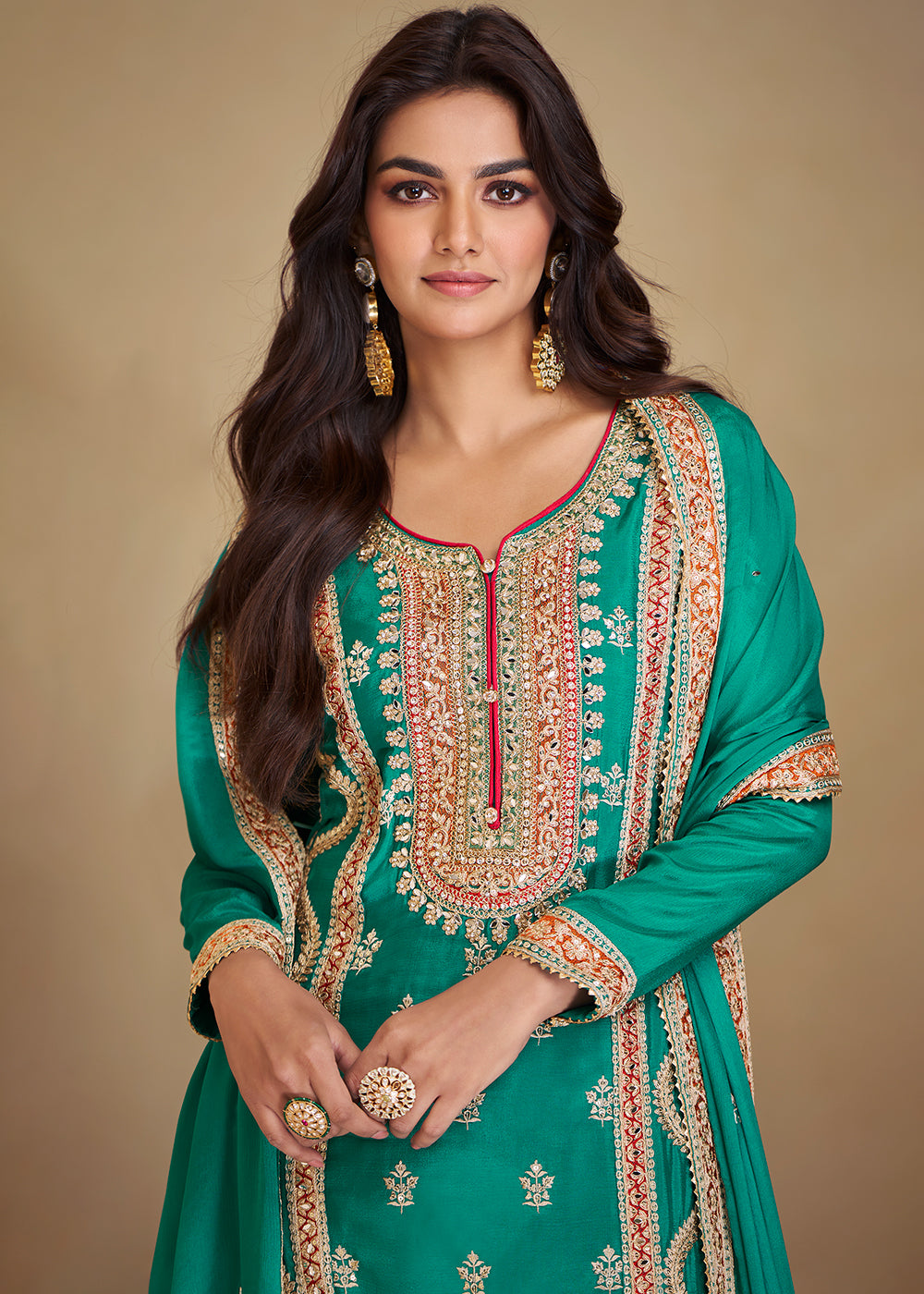 Dark Turquoise Green Palazzo Suit in Chinon Silk with Gorgeous Mirror and Embroidered Patterns