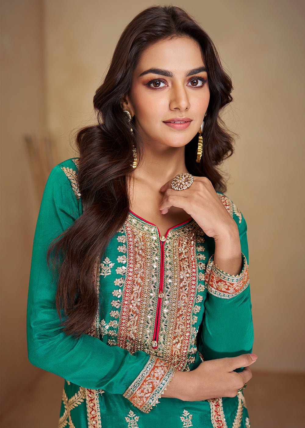 Dark Turquoise Green Palazzo Suit in Chinon Silk with Gorgeous Mirror and Embroidered Patterns