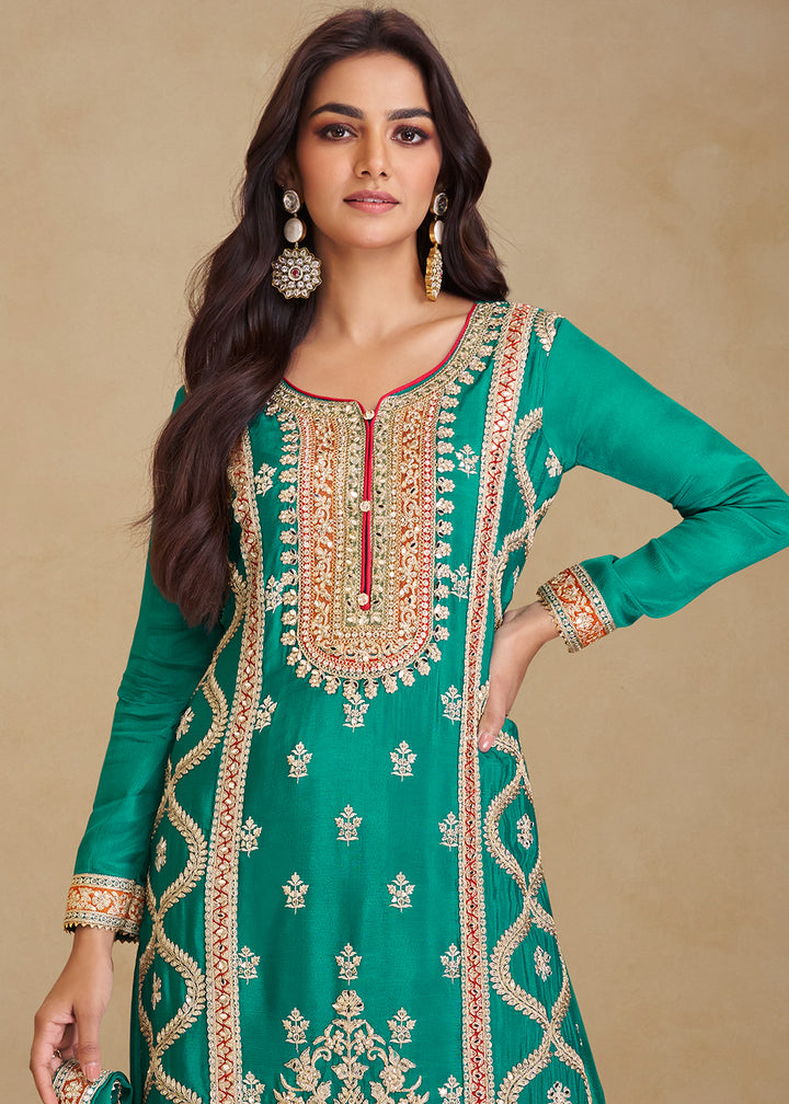 Dark Turquoise Green Palazzo Suit in Chinon Silk with Gorgeous Mirror and Embroidered Patterns