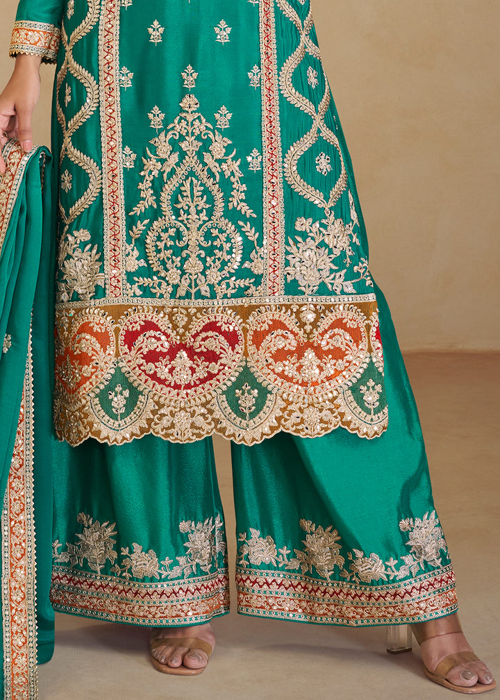 Dark Turquoise Green Palazzo Suit in Chinon Silk with Gorgeous Mirror and Embroidered Patterns