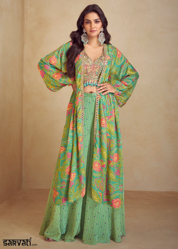 Pastel Green Chinon Silk Palazzo Set with Digital Print & Long Jacket