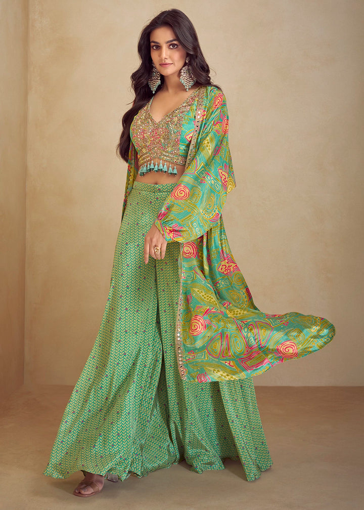 Pastel Green Chinon Silk Palazzo Set with Digital Print & Long Jacket