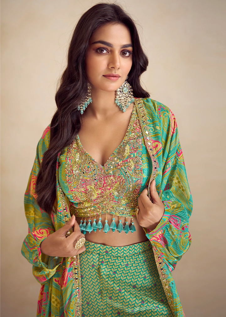 Pastel Green Chinon Silk Palazzo Set with Digital Print & Long Jacket