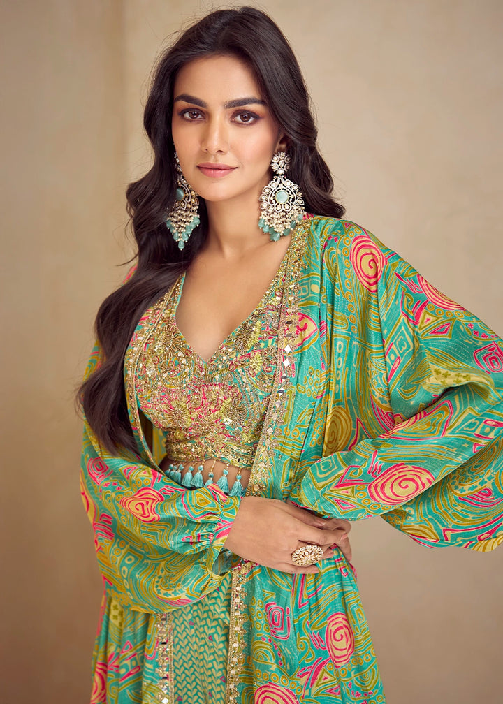 Pastel Green Chinon Silk Palazzo Set with Digital Print & Long Jacket