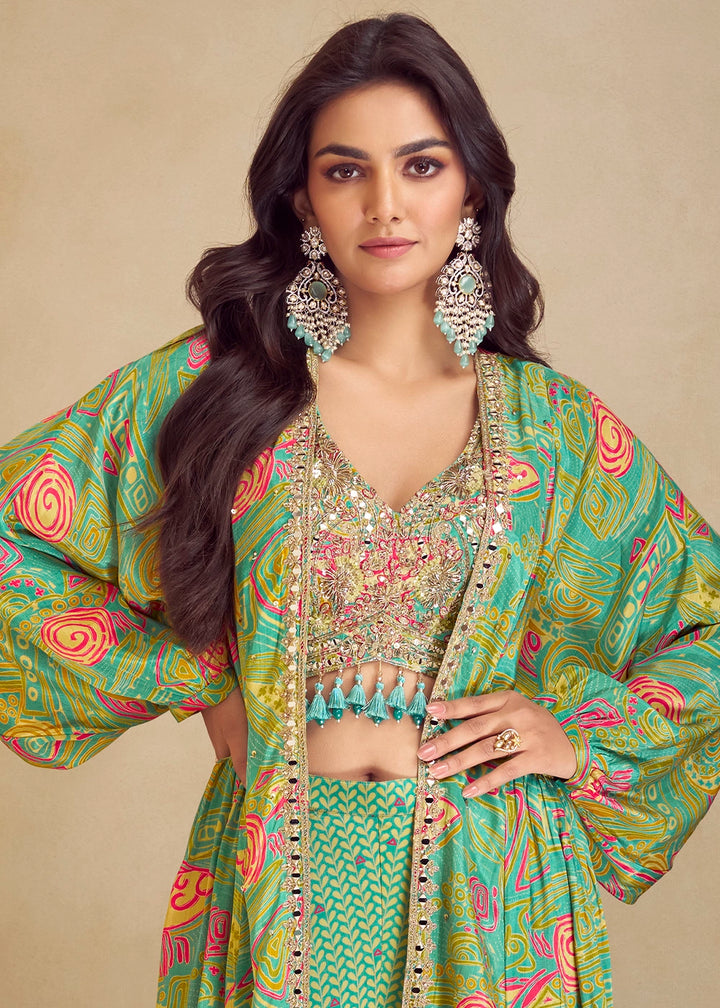 Pastel Green Chinon Silk Palazzo Set with Digital Print & Long Jacket