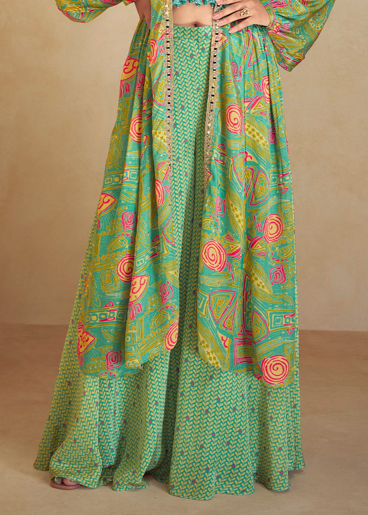 Pastel Green Chinon Silk Palazzo Set with Digital Print & Long Jacket