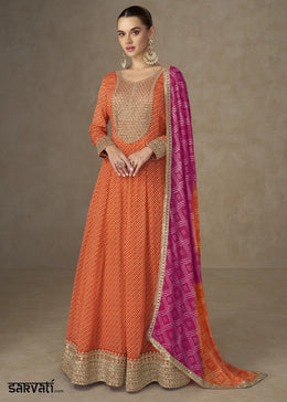 Carrot Orange Bandhani Print Chinon Silk Anarkali Dress with Embroidery