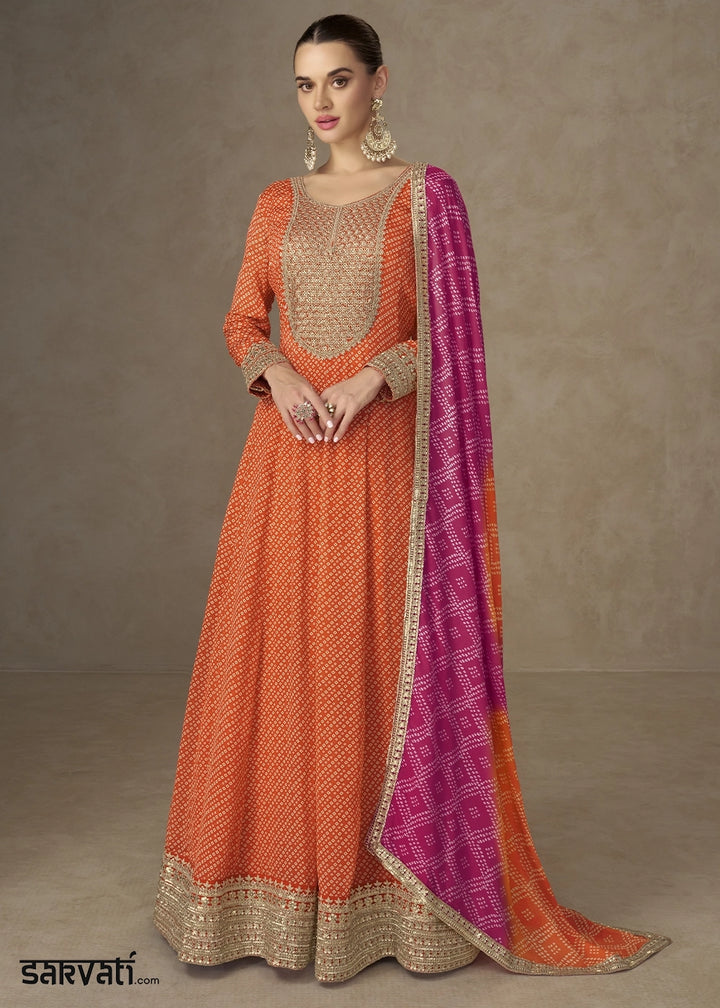 Carrot Orange Bandhani Print Chinon Silk Anarkali Dress with Embroidery