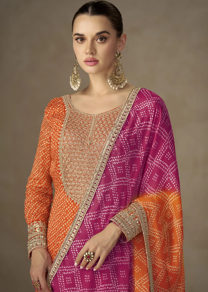 Carrot Orange Bandhani Print Chinon Silk Anarkali Dress with Embroidery