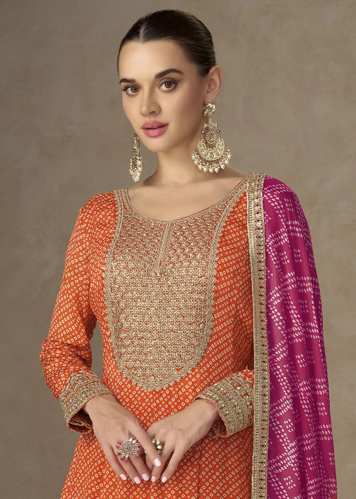 Carrot Orange Bandhani Print Chinon Silk Anarkali Dress with Embroidery