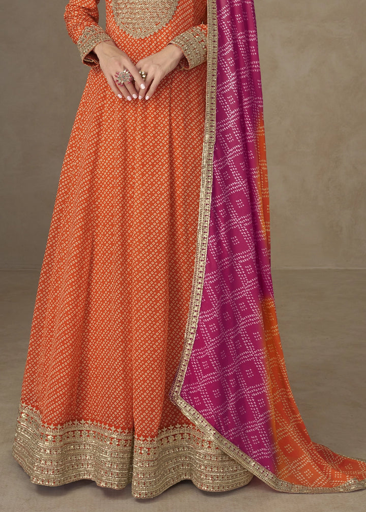 Carrot Orange Bandhani Print Chinon Silk Anarkali Dress with Embroidery