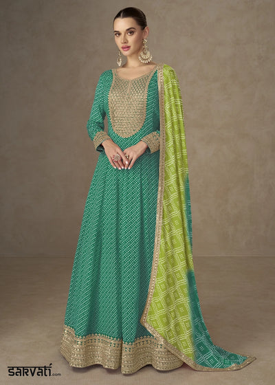 Pine Green Bandhani Print Chinon Silk Anarkali Dress with Embroidery