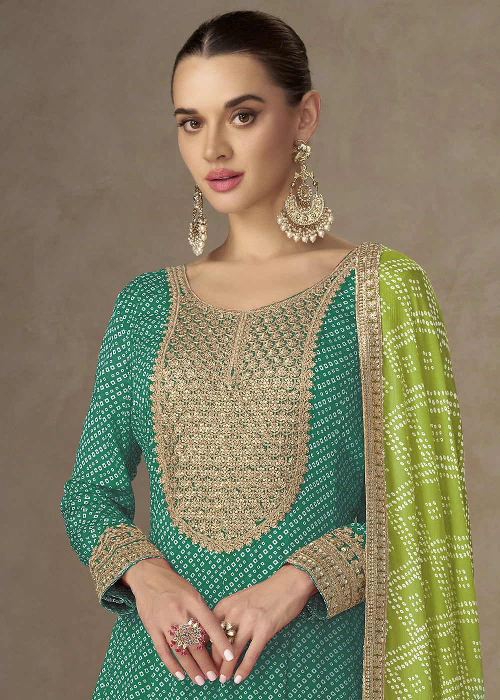 Pine Green Bandhani Print Chinon Silk Anarkali Dress with Embroidery