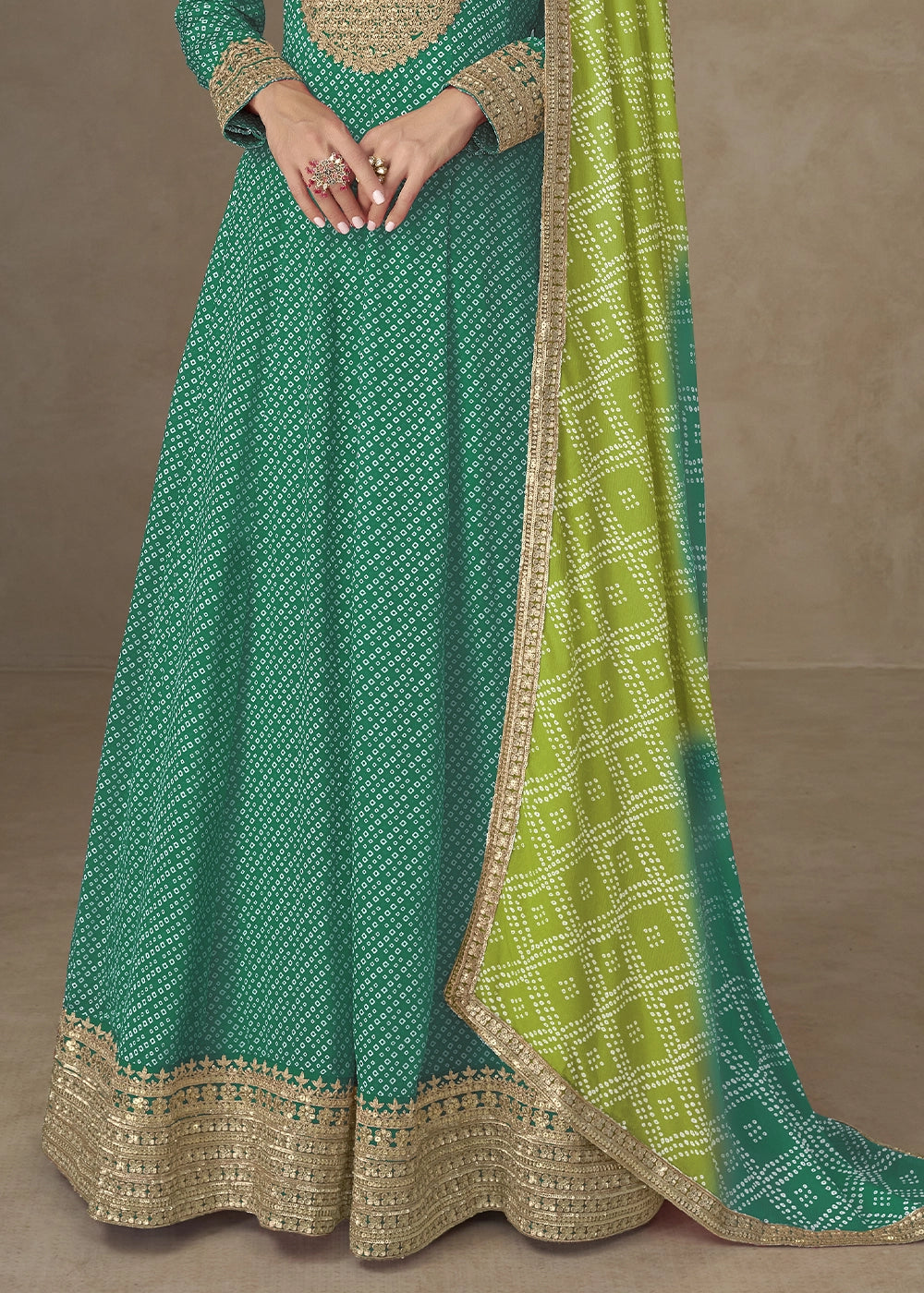 Pine Green Bandhani Print Chinon Silk Anarkali Dress with Embroidery