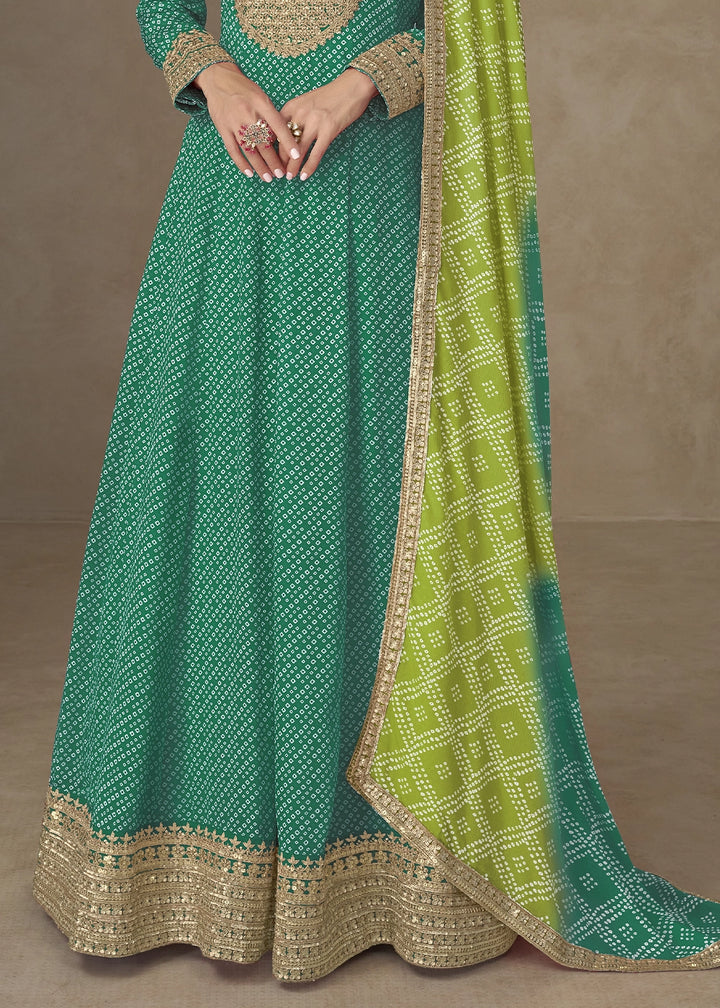 Pine Green Bandhani Print Chinon Silk Anarkali Dress with Embroidery