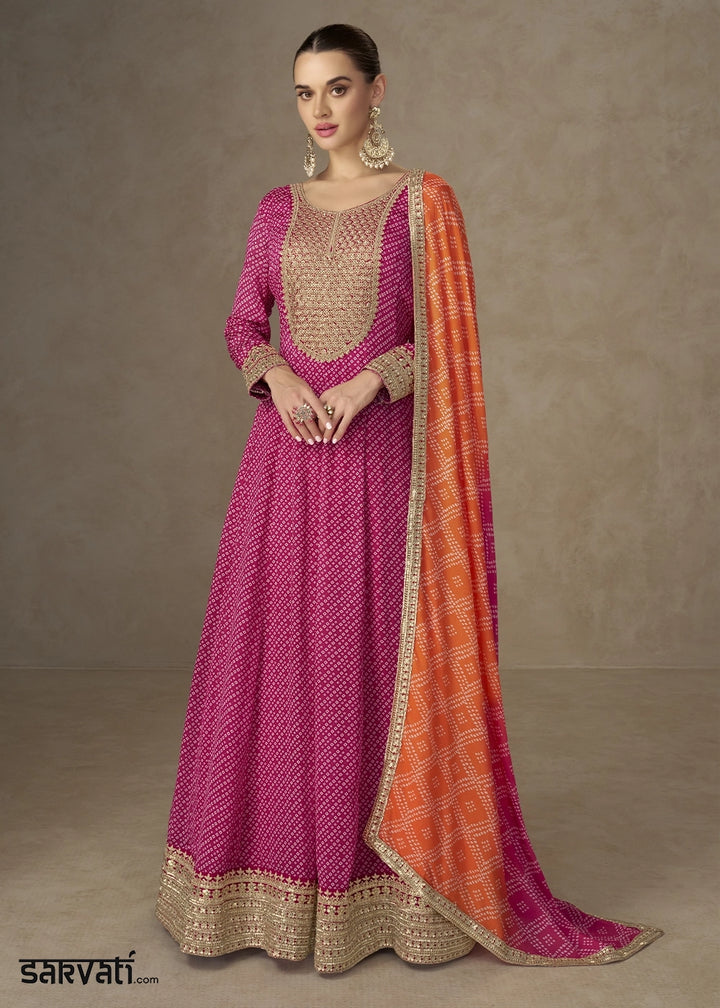 Magenta Pink Bandhani Print Chinon Silk Anarkali Dress with Embroidery