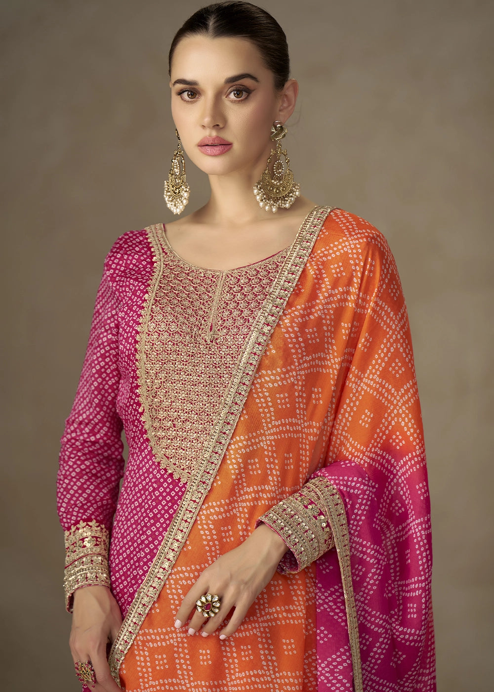 Magenta Pink Bandhani Print Chinon Silk Anarkali Dress with Embroidery