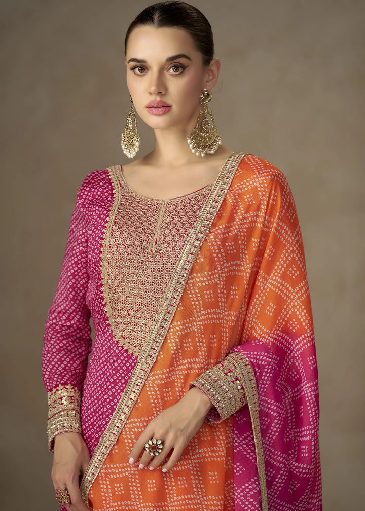 Magenta Pink Bandhani Print Chinon Silk Anarkali Dress with Embroidery