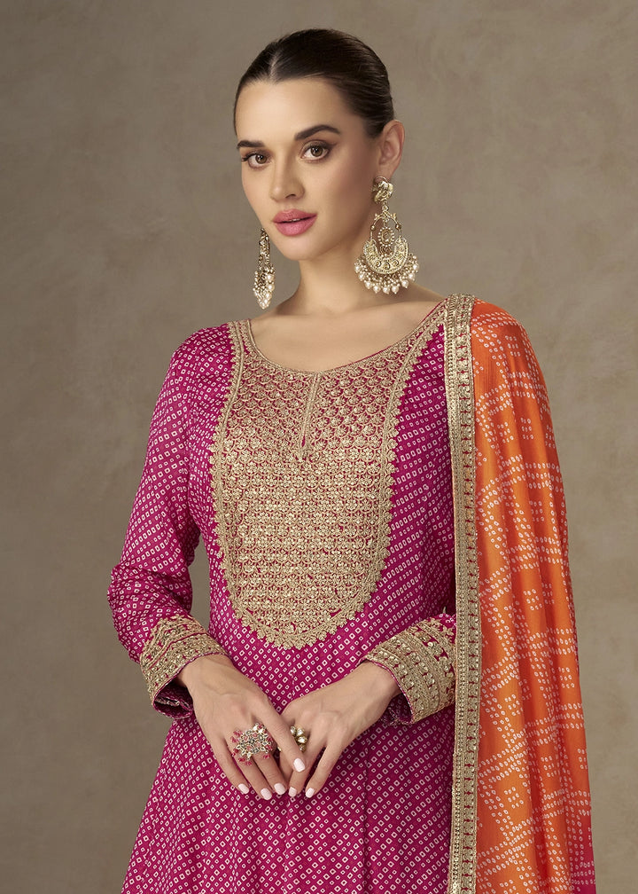 Magenta Pink Bandhani Print Chinon Silk Anarkali Dress with Embroidery