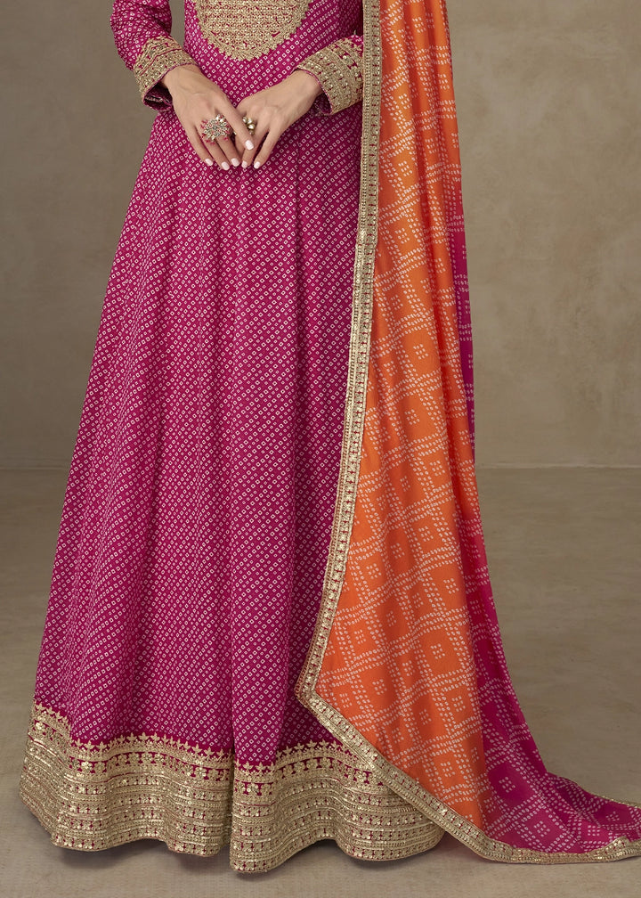 Magenta Pink Bandhani Print Chinon Silk Anarkali Dress with Embroidery