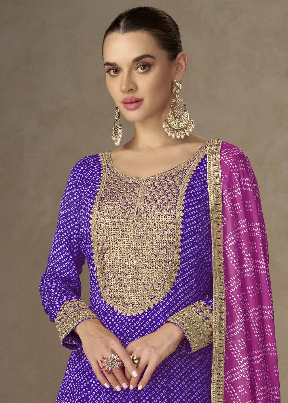 Electric Purple Bandhani Print Chinon Silk Anarkali Dress with Embroidery