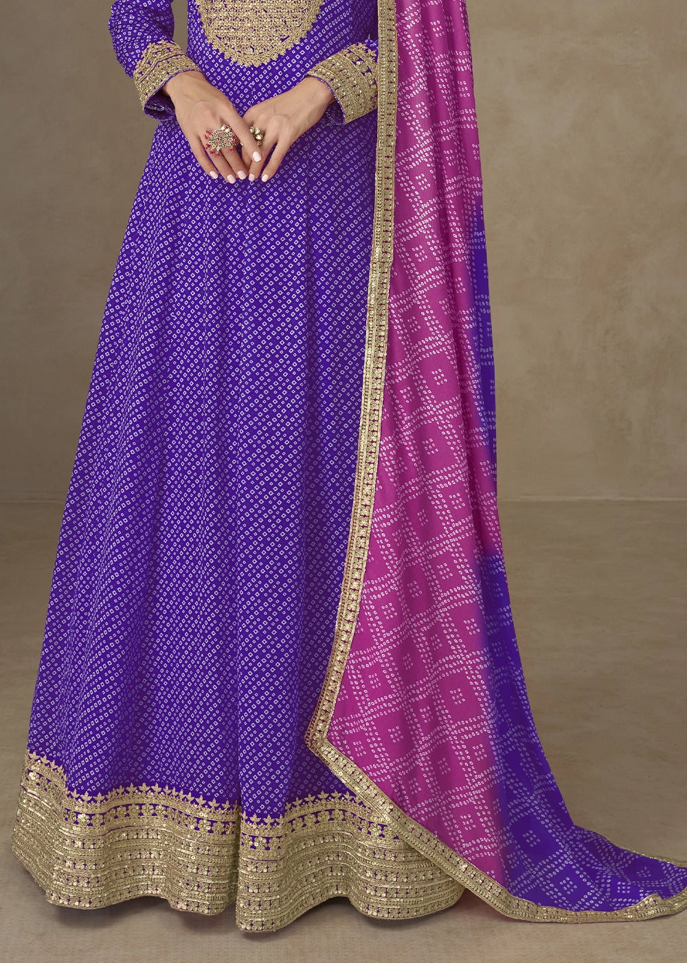 Electric Purple Bandhani Print Chinon Silk Anarkali Dress with Embroidery
