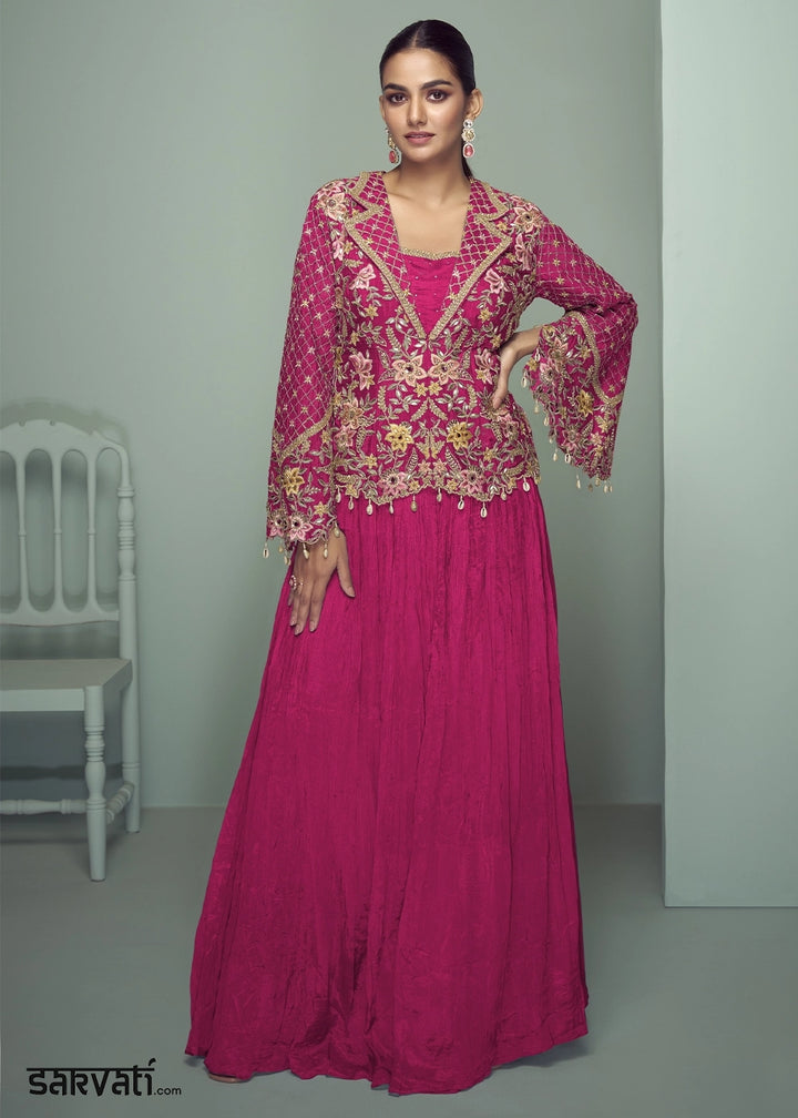 Magenta Pink Chinon Silk Jacket and Skirt Ensemble with Detailed Embroidery