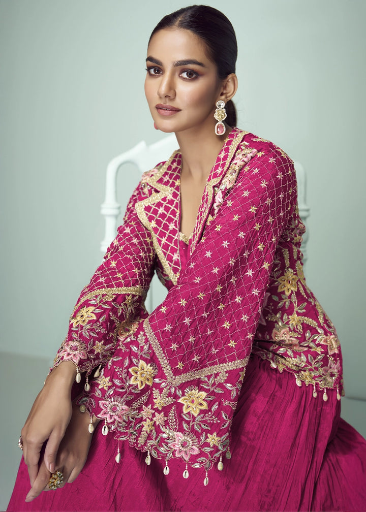 Magenta Pink Chinon Silk Jacket and Skirt Ensemble with Detailed Embroidery