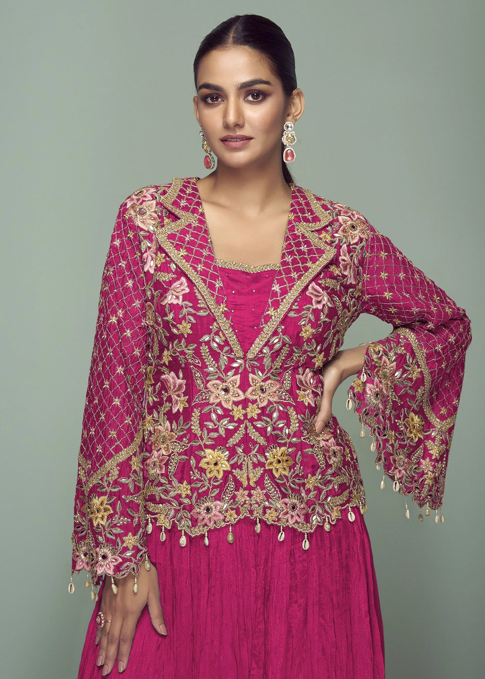 Magenta Pink Chinon Silk Jacket and Skirt Ensemble with Detailed Embroidery