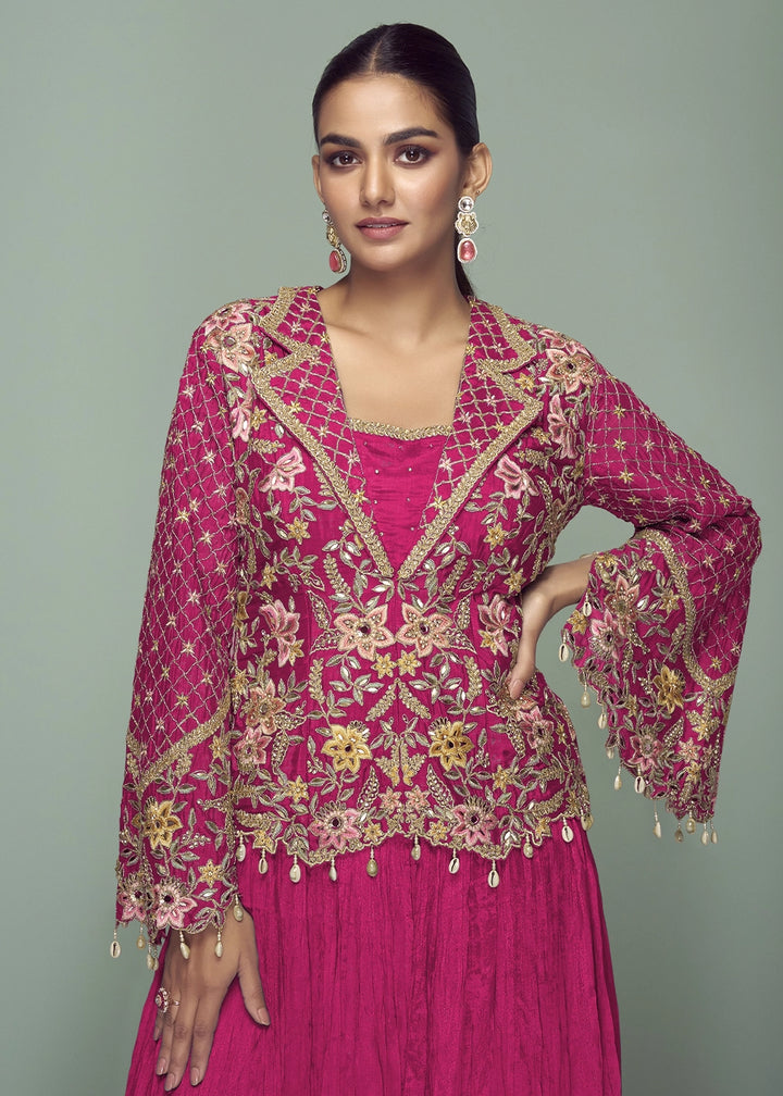 Magenta Pink Chinon Silk Jacket and Skirt Ensemble with Detailed Embroidery