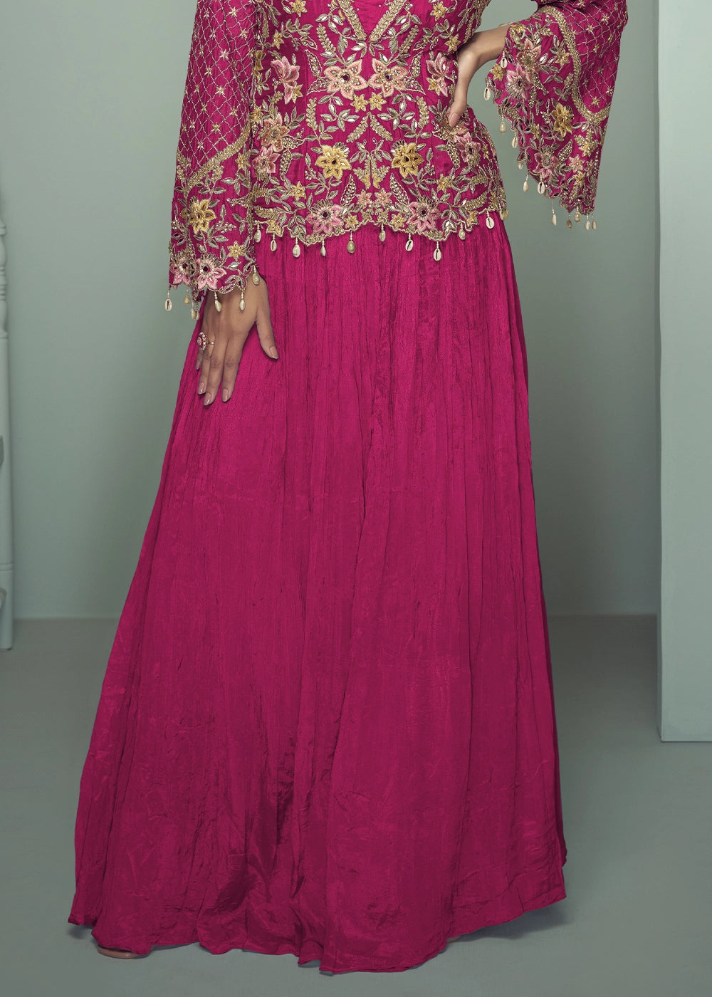 Magenta Pink Chinon Silk Jacket and Skirt Ensemble with Detailed Embroidery