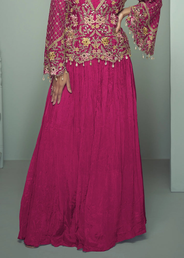 Magenta Pink Chinon Silk Jacket and Skirt Ensemble with Detailed Embroidery