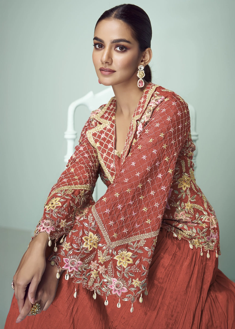 Rust Orange Chinon Silk Jacket and Skirt Ensemble with Detailed Embroidery