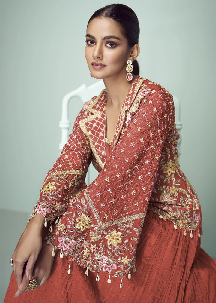 Rust Orange Chinon Silk Jacket and Skirt Ensemble with Detailed Embroidery