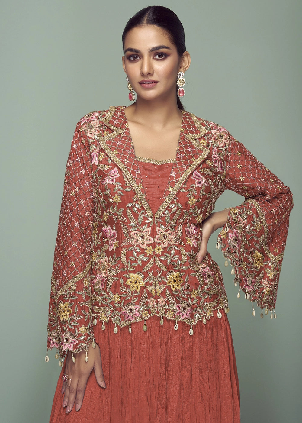 Rust Orange Chinon Silk Jacket and Skirt Ensemble with Detailed Embroidery