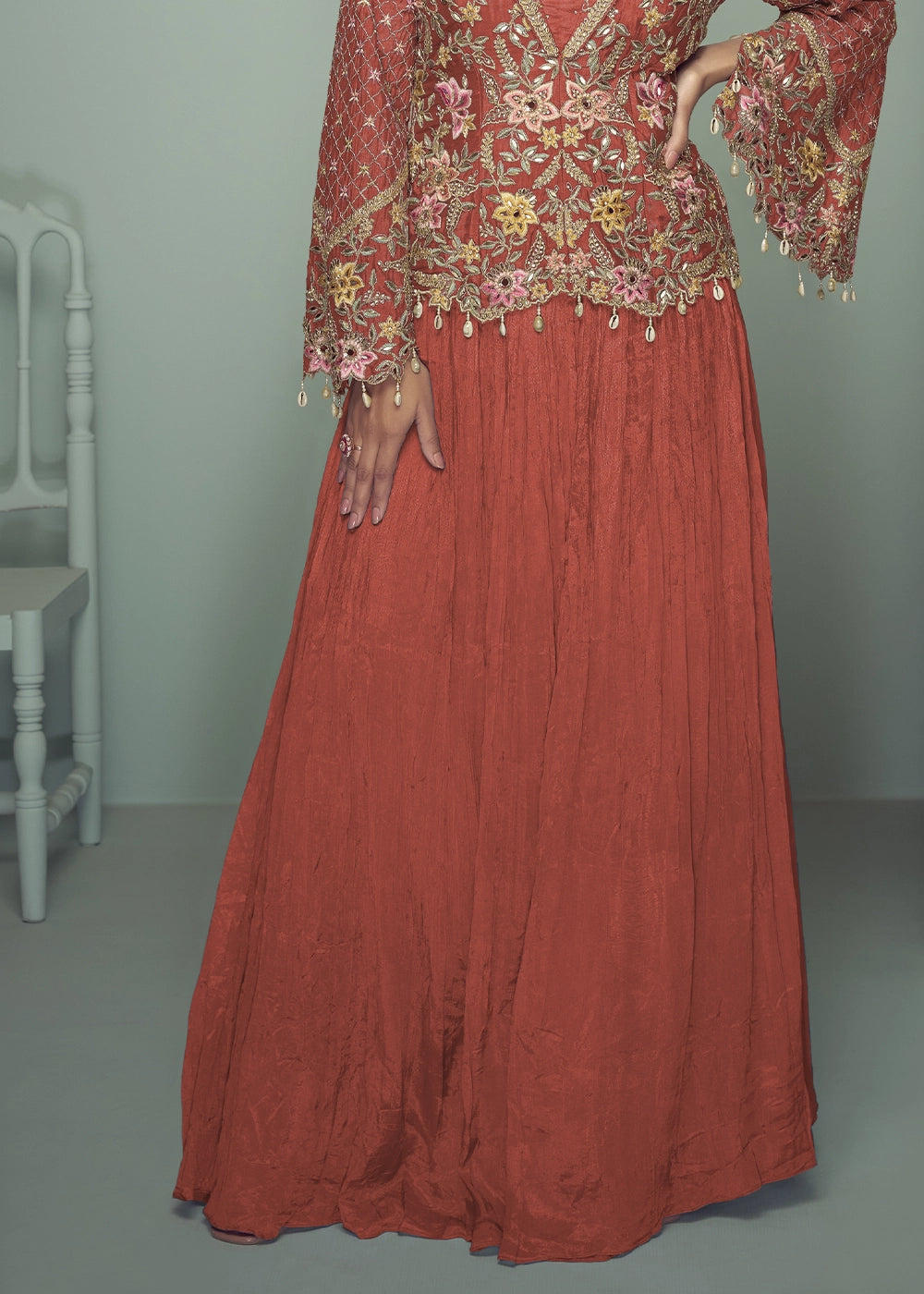 Rust Orange Chinon Silk Jacket and Skirt Ensemble with Detailed Embroidery