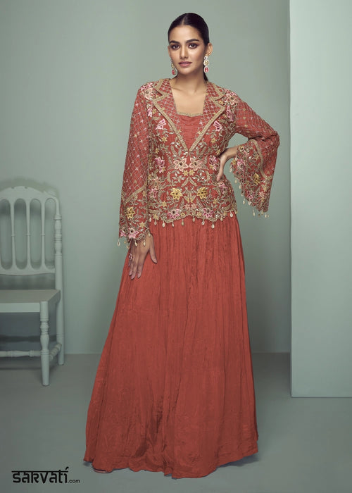 Rust Orange Chinon Silk Jacket and Skirt Ensemble with Detailed Embroidery